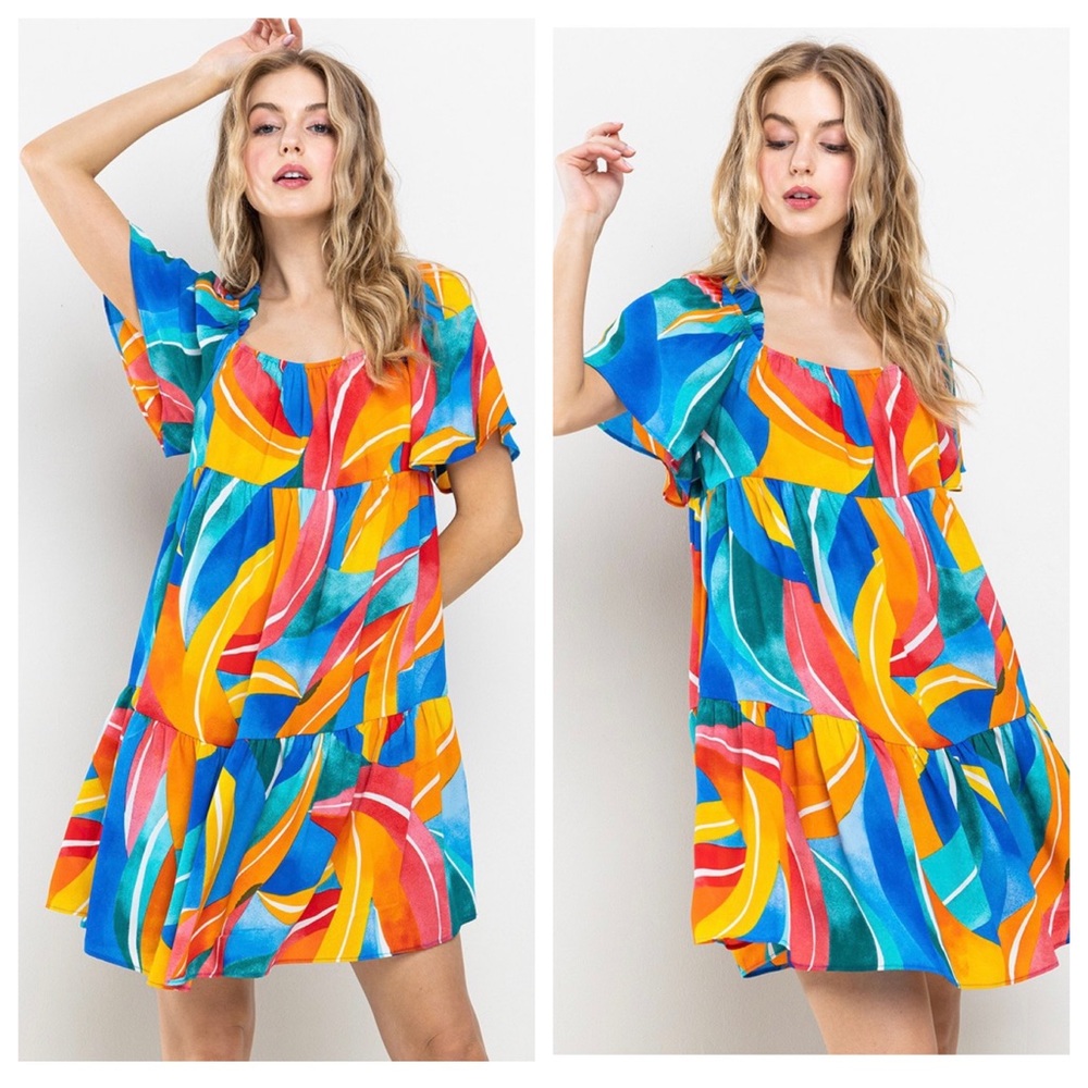 69 Boho Multi Color Print Tiered Woven Dress